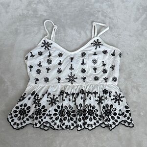 Express White and Black Embroidery Eyelet Scalloped Bottom V Neck Top
